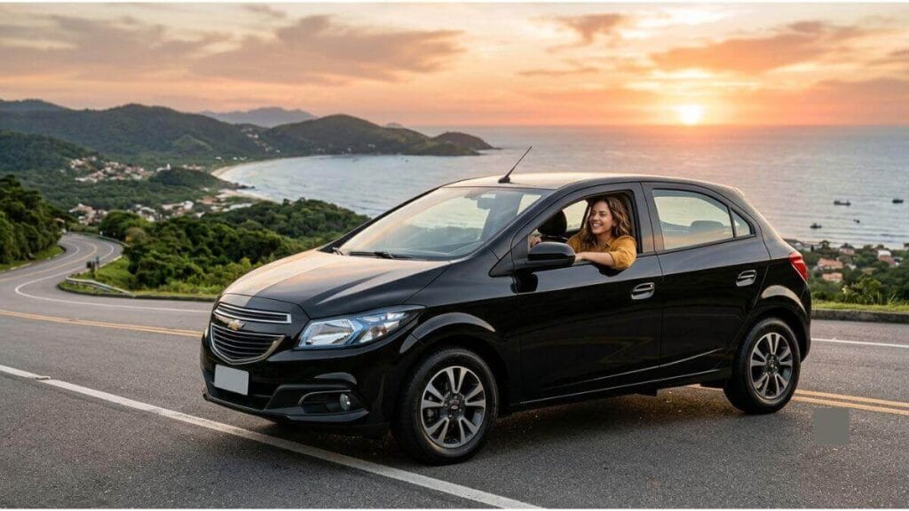 Fotografia em ângulo três quartos de um Chevrolet Onix hatch preto da primeira geração (modelo 2013-2016). O carro está parado no acostamento de uma estrada costeira sinuosa no Brasil, com uma mulher sorrindo no banco do motorista e o mar ao pôr do sol ao fundo.