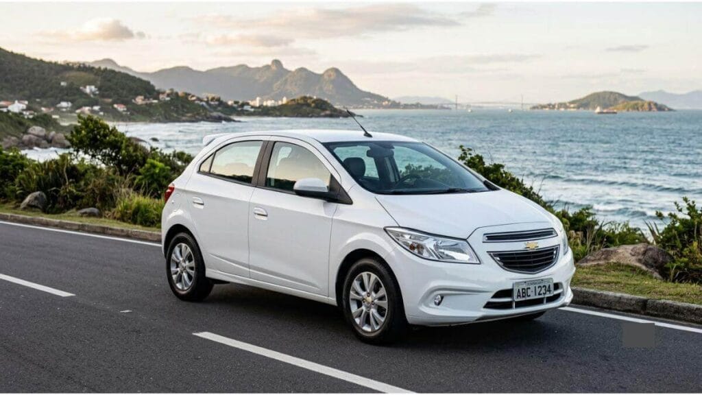 Fotografia em ângulo três quartos de um Chevrolet Onix hatch branco da primeira geração (modelo entre 2012 e 2016), estacionado em uma estrada costeira asfaltada com o mar e montanhas ao fundo, sob luz natural do dia.