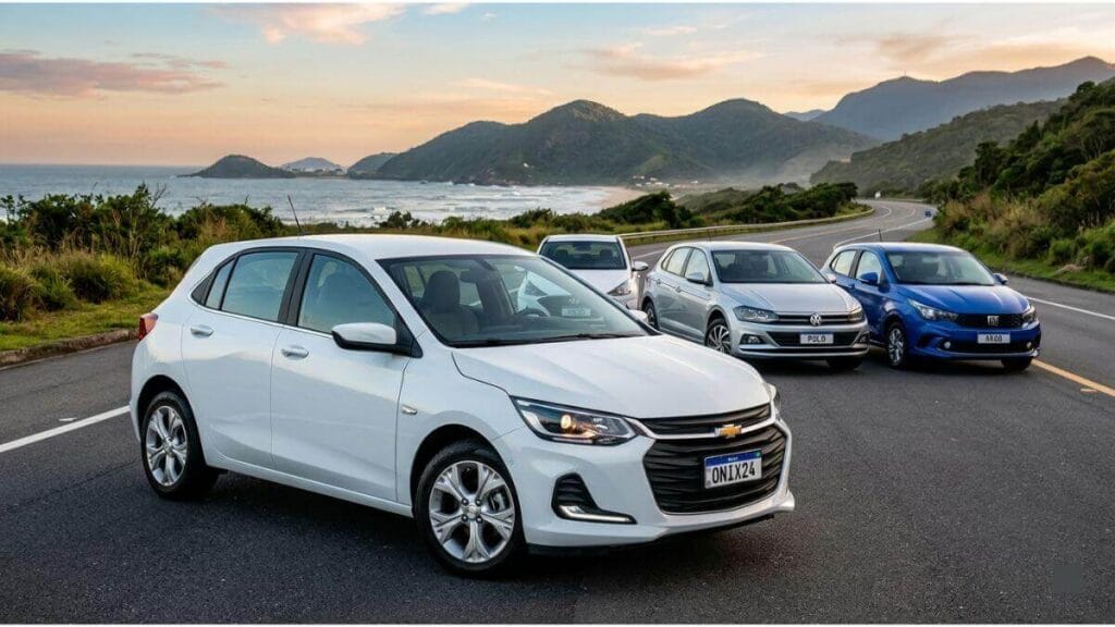 Fotografia em ângulo três quartos de um Chevrolet Onix branco em destaque em primeiro plano, com um Hyundai HB20 branco, um Volkswagen Polo prata e um Fiat Argo azul alinhados ao fundo em uma rodovia litorânea.