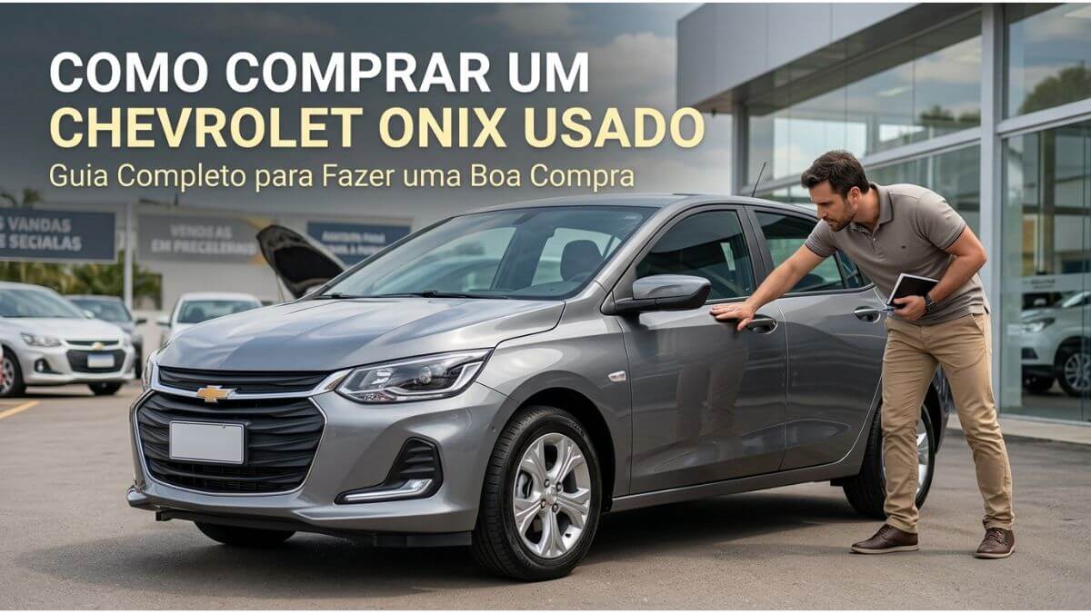 Chevrolet Onix cinza seminovo em um pátio de revenda enquanto um comprador avalia cuidadosamente a lataria do veículo.