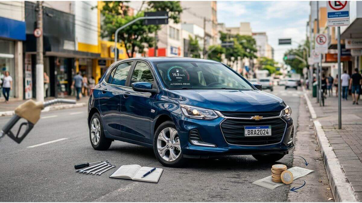 Chevrolet Onix azul moderno estacionado em uma rua urbana, em ângulo de três quartos, cercado por elementos visuais discretos que simbolizam economia de combustível e manutenção preventiva.
