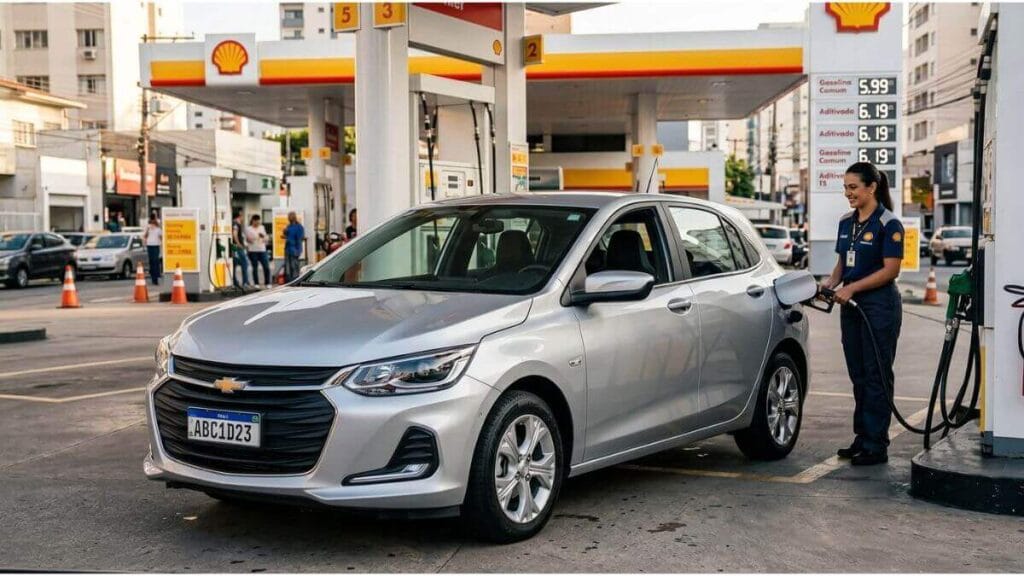 Chevrolet Onix prata moderno sendo abastecido por uma frentista sorridente em um posto de combustível urbano bem iluminado.