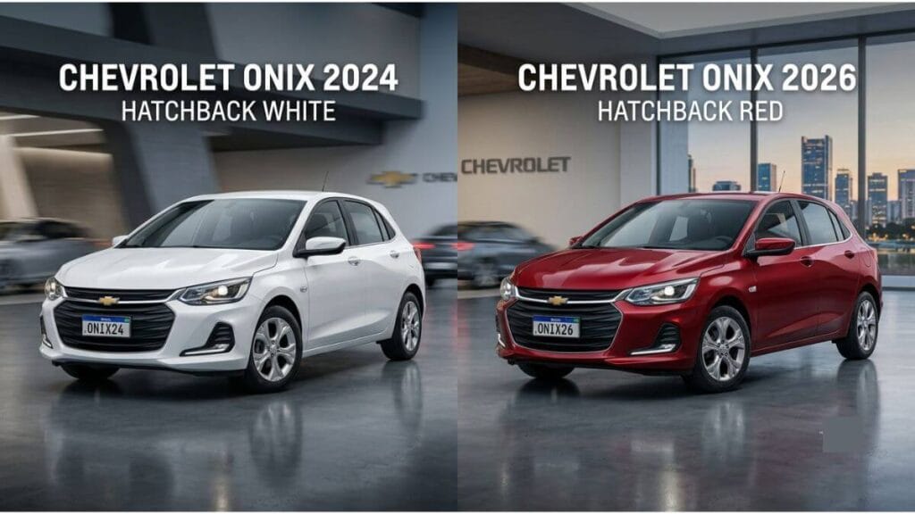 Imagem comparativa lado a lado em um estúdio automotivo. À esquerda, um Chevrolet Onix Hatchback 2024 na cor branca com a inscrição "CHEVROLET ONIX 2024" acima. À direita, um Chevrolet Onix Hatchback 2026 na cor vermelha metálica com a inscrição "CHEVROLET ONIX 2026" acima.