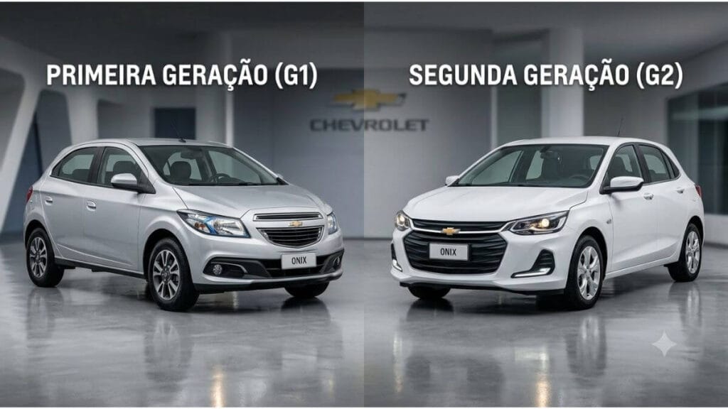 Imagem comparativa lado a lado em um estúdio automotivo. À esquerda, um Chevrolet Onix prata da primeira geração (G1, modelo 2012-2019) com o texto "PRIMEIRA GERAÇÃO (G1)" acima. À direita, um Chevrolet Onix branco da segunda geração (G2, modelo 2020-presente) com o texto "SEGUNDA GERAÇÃO (G2)" acima.