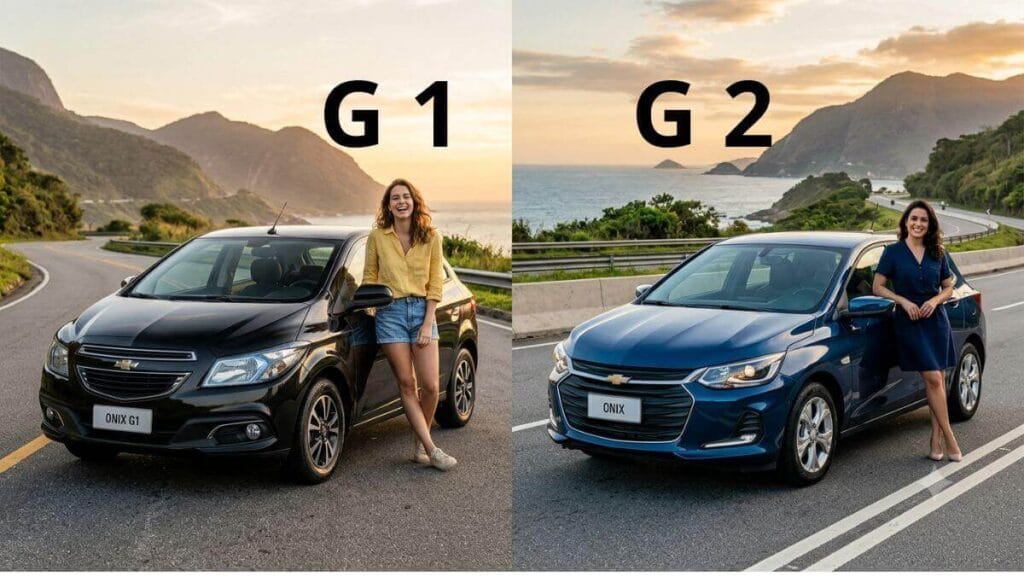 Imagem comparativa dividida ao meio. À esquerda, um Chevrolet Onix preto de primeira geração com uma jovem sorrindo ao lado. À direita, um Chevrolet Onix azul de segunda geração com uma mulher sorrindo ao lado. Ambos os carros estão em uma estrada litorânea no final da tarde.