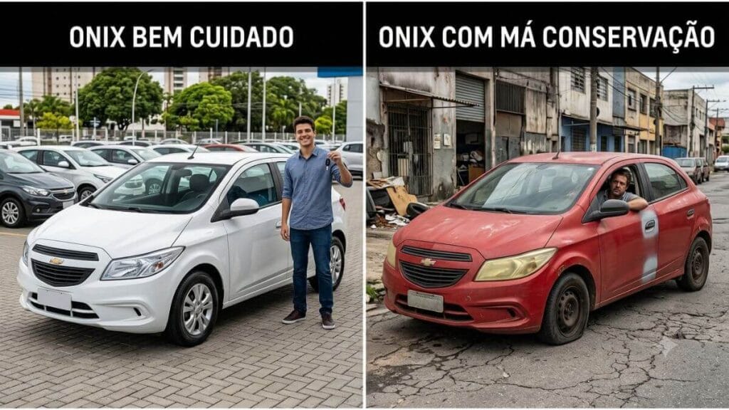 Uma imagem comparativa dividida ao meio. Do lado esquerdo, um homem jovem e sorridente segura um documento limpo e as chaves ao lado de um Chevrolet Onix branco em excelente estado, com o texto "ÔNIX COM HISTÓRICO DE MANUTENÇÃO COMPLETO". Do lado direito, um homem mais velho e desgrenhado segura um bolo de papéis bagunçados e uma garrafa de óleo ao lado de um Onix vermelho desgastado, com o texto "ÔNIX COM HISTÓRICO DE MANUTENÇÃO DESCONHECIDO".