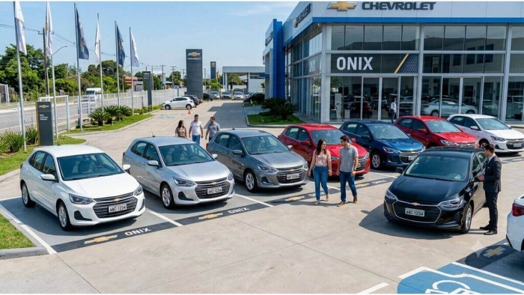 Fotografia panorâmica de um pátio externo de concessionária Chevrolet no Brasil, exibindo uma fileira de seis Chevrolet Onix Hatchback de segunda geração em cores variadas: branco, prata, cinza, vermelho, azul e preto. Pessoas (clientes e vendedores) caminham entre os carros estacionados, olhando as opções. Ao fundo, o prédio da concessionária com letreiros "ONIX" e "CHEVROLET".