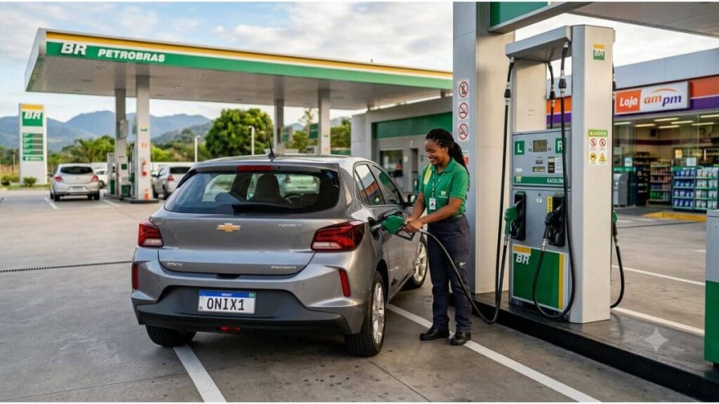 Visão traseira de um Chevrolet Onix Hatchback cinza sendo abastecido por uma frentista em um posto de combustível Petrobras moderno e limpo.