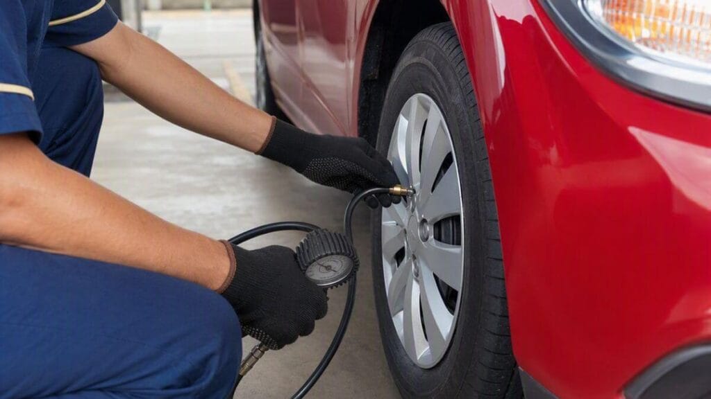 close-up de um profissional de oficina mecânica ou frentista, agachado ao lado da roda dianteira de um carro Chevrolet Onix vermelho brilhante. Ele usa luvas de trabalho pretas e está focado em verificar a pressão do pneu com um medidor de pressão analógico, que está conectado à válvula do pneu. O pneu e a roda de liga leve estão limpos. O profissional veste um uniforme de trabalho azul escuro.