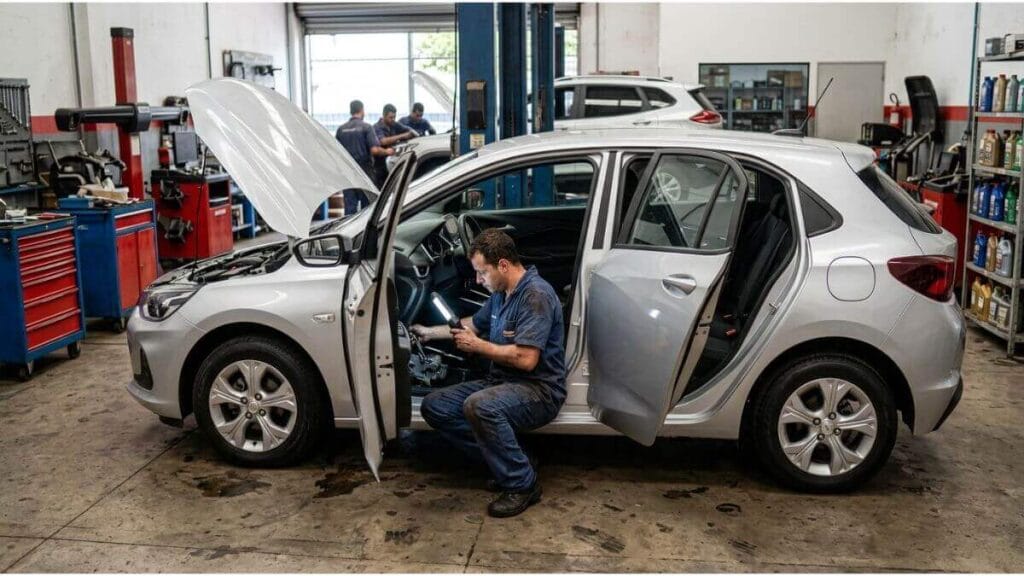 Mecânico agachado na porta aberta de um Chevrolet Onix prata inspecionando o sistema de embreagem e câmbio com uma luminária em uma oficina.