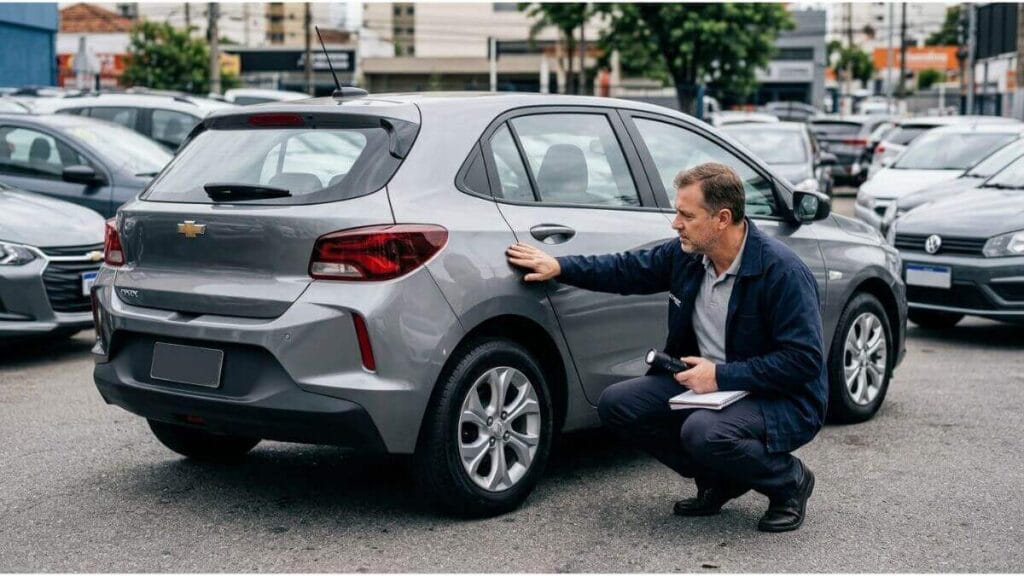 Um inspetor de veículos agachado examinando a lateral traseira de um Chevrolet Onix prata usado em um pátio de carros.