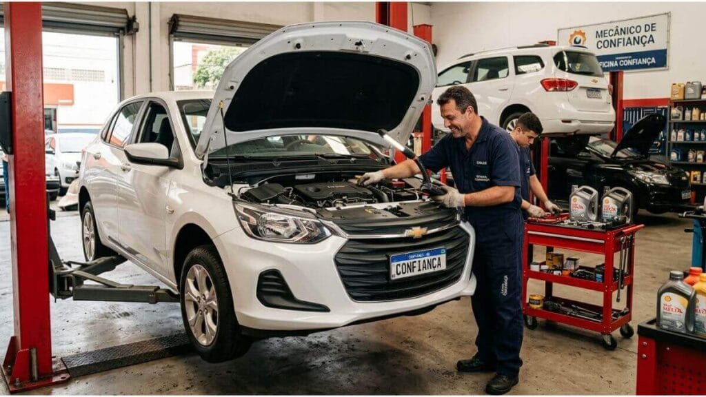 Mecânico sorridente inspecionando o motor aberto de um Chevrolet Onix branco em um elevador automotivo de oficina.