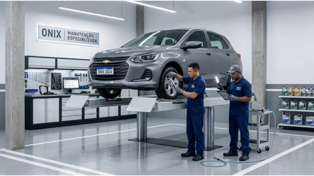 Foto de estúdio de uma oficina mecânica moderna e limpa, mostrando um Chevrolet Onix prata elevado em um elevador automotivo. Dois mecânicos uniformizados realizam serviços de manutenção preventiva, um ajustando a roda dianteira com uma ferramenta e outro inspecionando a parte inferior com uma lanterna. Ao fundo, um letreiro luminoso na parede com o texto: ONIX MANUTENÇÃO ESPECIALIZADA.