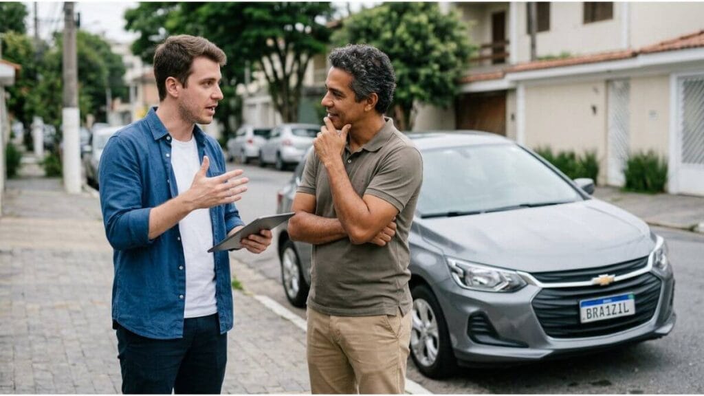 Dois homens conversando amigavelmente na calçada ao lado de um Chevrolet Onix cinza usado para negociar o valor do veículo.