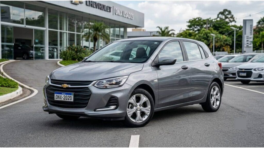 Fotografia em ângulo três quartos de um Chevrolet Onix Hatchback ano 2020 na cor cinza, bem conservado, estacionado no pátio de uma concessionária de seminovos com placa ONX-2020.