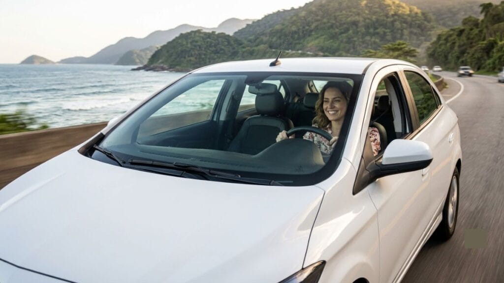 Fotografia colorida de um Chevrolet Ônix branco rodando por uma estrada costeira sinuosa no Brasil ao pôr do sol. A câmera captura a parte dianteira e lateral do veículo, mostrando o design amadurecido dos modelos 2015-2016. Através do para-brisas, vê-se uma motorista sorrindo ao volante. O fundo mostra montanhas e o mar com movimento.