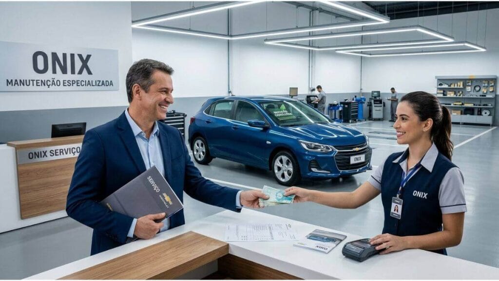 Cliente sorridente no balcão de uma oficina pagando o serviço de revisão do seu Chevrolet Onix azul.