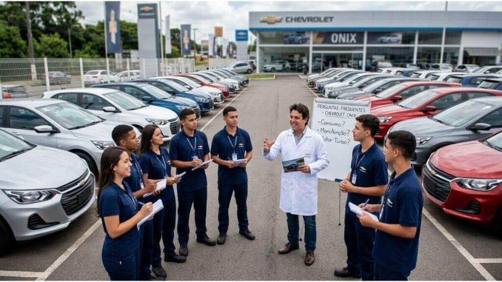 Instrutor de jaleco branco tirando dúvidas sobre o Chevrolet Onix com grupo de jovens aprendizes em um pátio lotado de veículos Chevrolet.