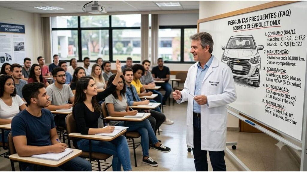 Professor de jaleco branco em uma sala de aula universitária explicando sobre o Chevrolet Onix ao lado de um quadro branco contendo a ilustração do carro e uma lista de tópicos de Perguntas Frequentes (FAQ).