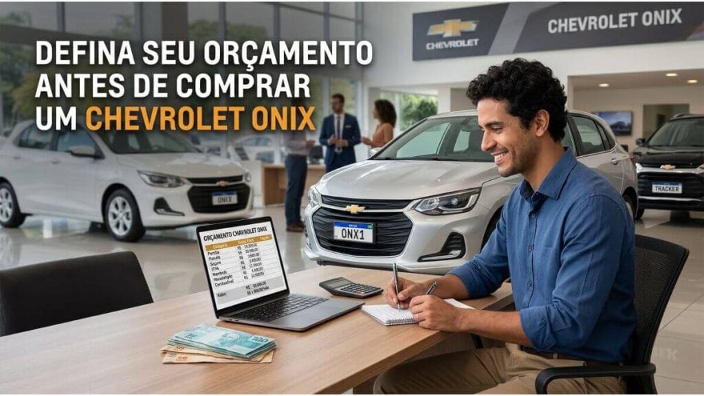 Homem sorridente sentado em uma mesa de escritório dentro de uma concessionária Chevrolet, fazendo contas em um caderno e notebook com dinheiro sobre a mesa, com um Chevrolet Onix prata ao fundo.