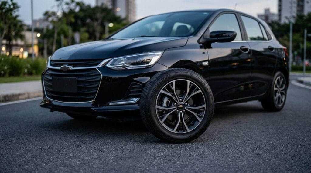 Pneu dianteiro do motorista de um Chevrolet Onix preto estacionado no asfalto com foco na roda e na calibragem.