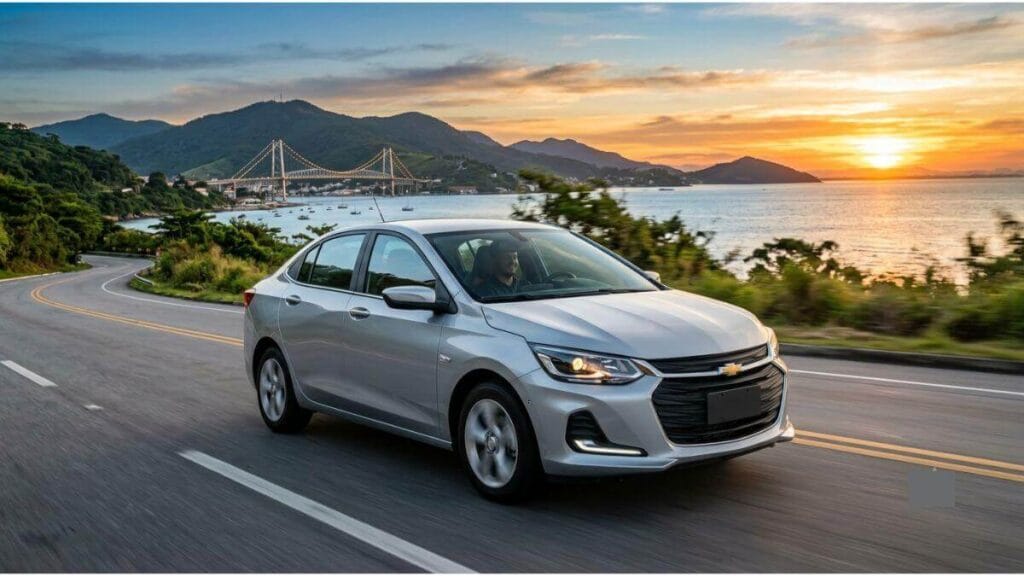 Fotografia colorida de um Chevrolet Onix prata rodando em uma estrada costeira sinuosa no Brasil ao pôr do sol, com montanhas, uma ponte e o mar ao fundo. O carro está em movimento.
