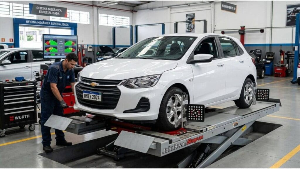 Chevrolet Onix branco em uma plataforma de alinhamento de rodas em uma oficina mecânica, com equipamento laser e monitor de diagnóstico visíveis.