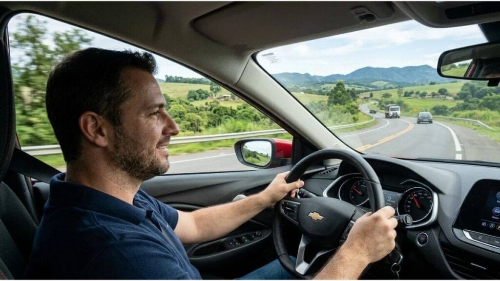 Vista do interior de um Chevrolet Onix vermelho com motorista dirigindo em uma rodovia em dia claro.