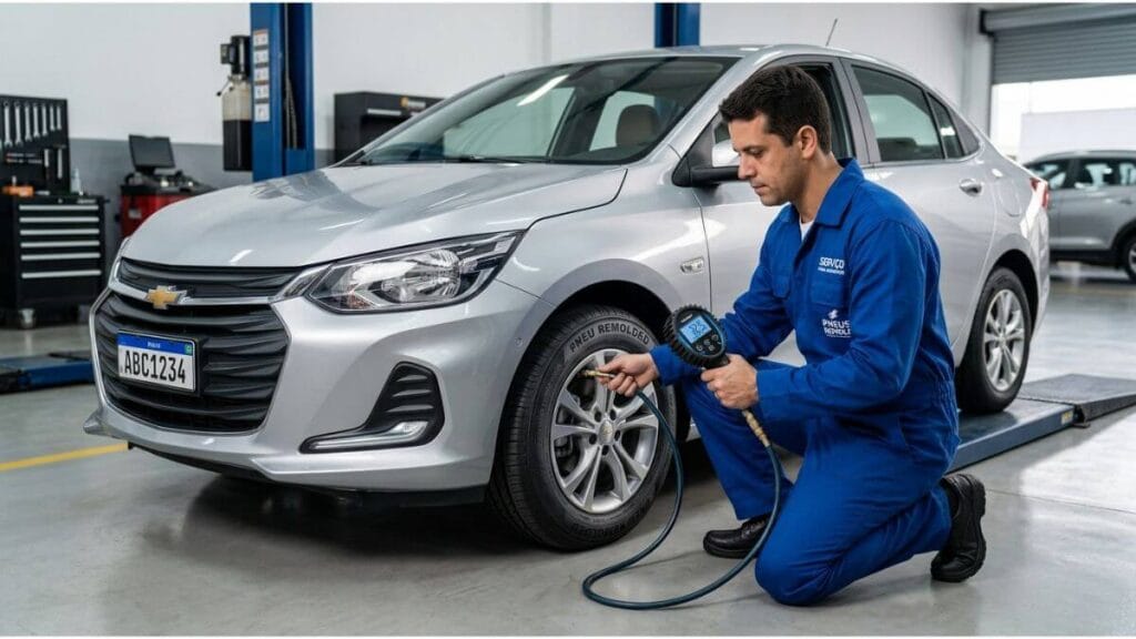 Mecânico ajoelhado calibrando o pneu remold dianteiro de um Chevrolet Onix prata usando medidor digital em oficina.