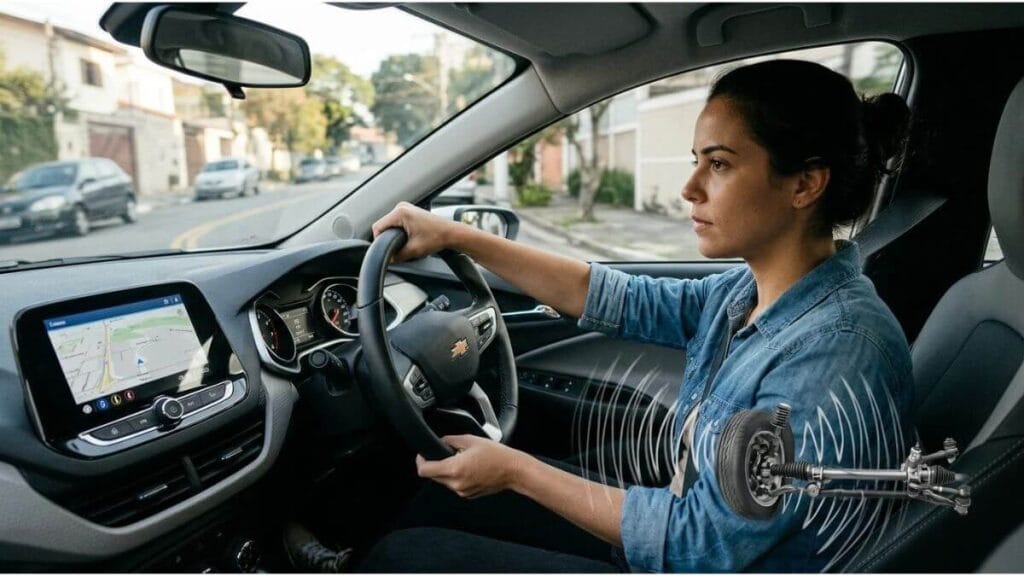 Mulher ao volante de um Chevrolet Onix esterçando a direção, com destaque para ruído mecânico no terminal de direção e suspensão.