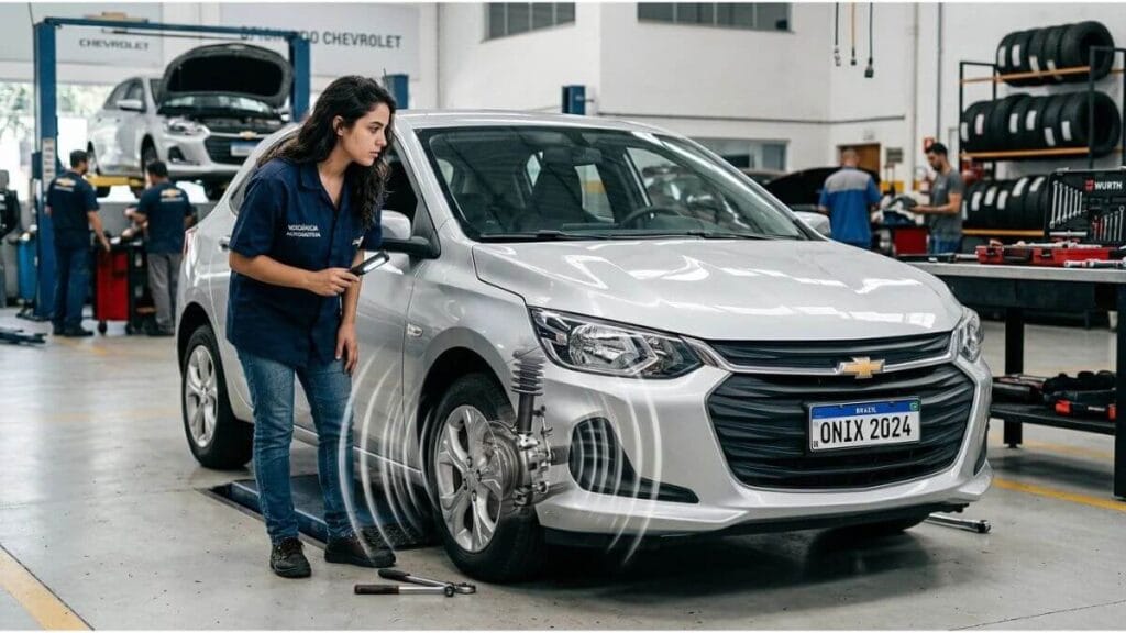 Jovem observando com curiosidade a roda dianteira de um Chevrolet Onix prata parado em uma oficina automotiva.