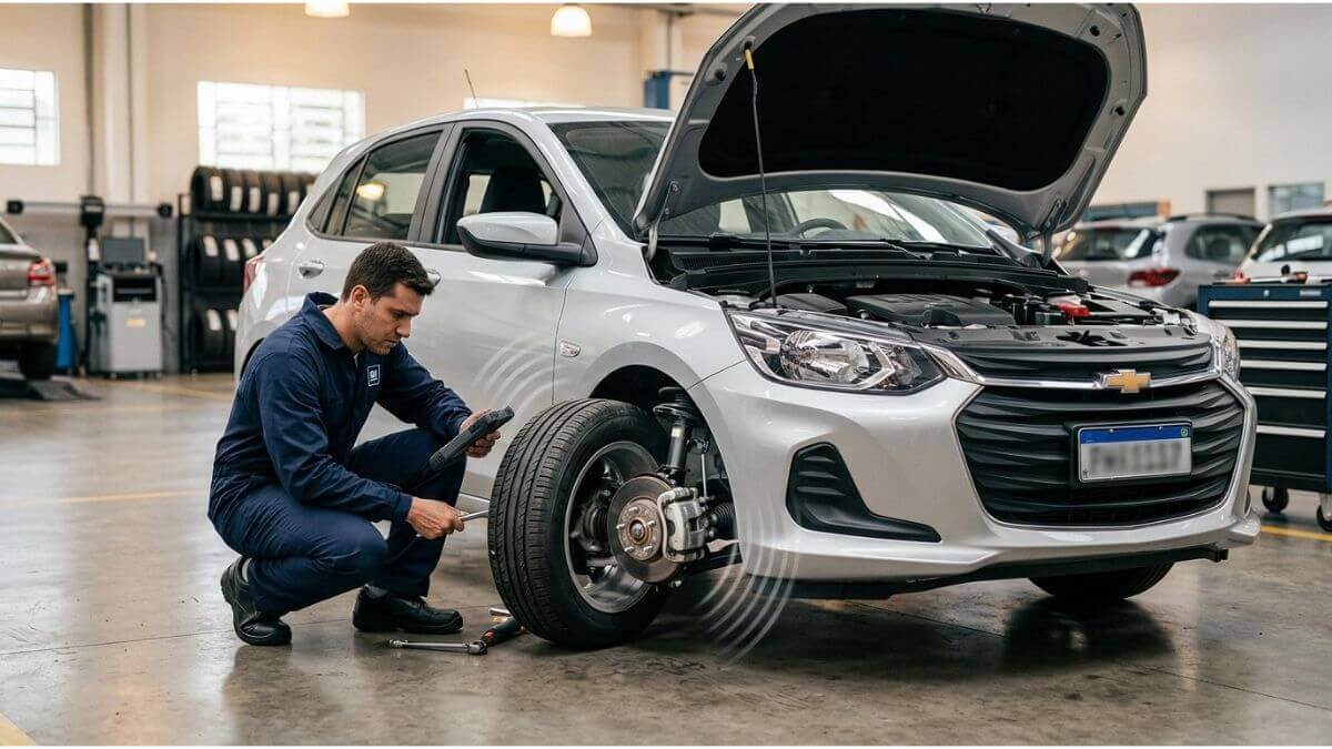 Mecânico inspecionando a roda dianteira de um Chevrolet Onix prata com capo aberto em uma oficina automotiva moderna.