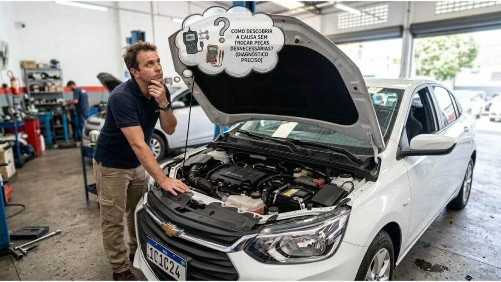 Homem pensado ao lado de um Chevrolet Onix branco com o capô aberto em uma oficina."