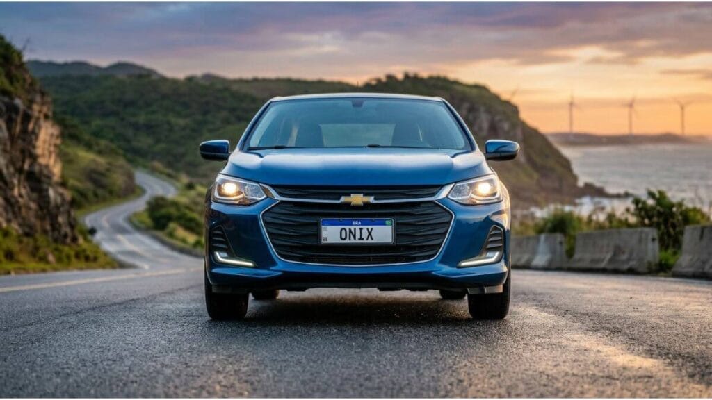 Vista frontal de ângulo baixo de um Chevrolet Onix sedan azul em uma estrada ao entardecer.