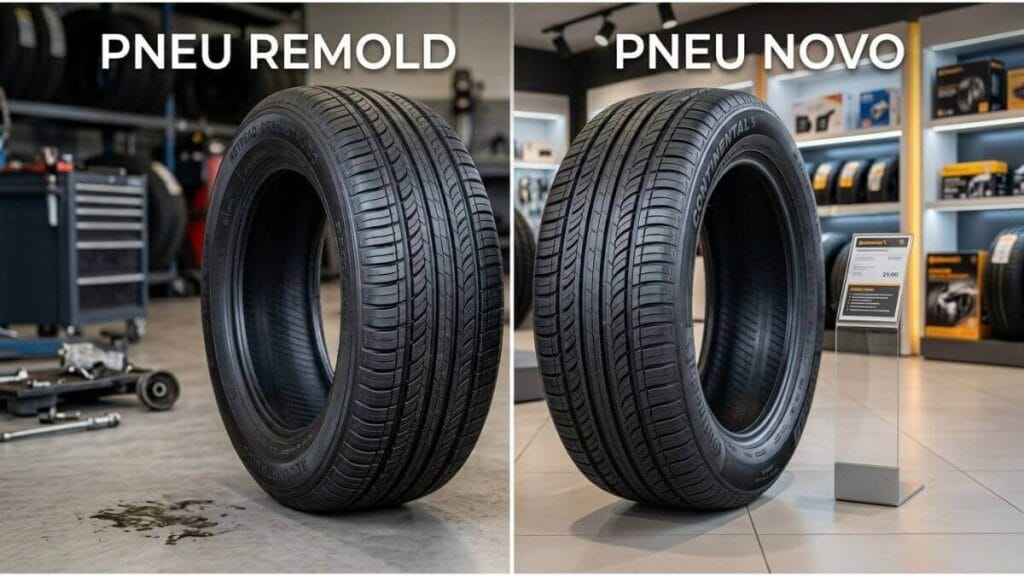 Uma imagem comparativa de dois painéis: à esquerda, um pneu remoldado em um ambiente de oficina mecânica com ferramentas e uma mancha de óleo; à direita, um pneu novo de marca (como Continental) em um ambiente de loja automotiva limpo com prateleiras e um expositor de preços. Acima de cada pneu, os títulos 'PNEU REMOLD' e 'PNEU NOVO' estão claramente visíveis.