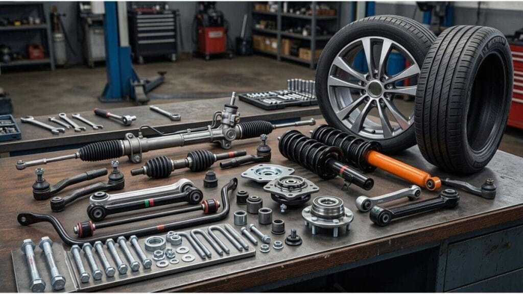 Peças automotivas organizadas sobre bancada de oficina, incluindo caixa de direção, axiais, terminais, amortecedores, coxins, rolamentos, parafusos, roda e pneu.