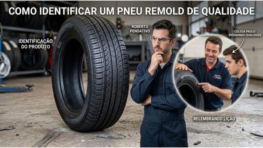 Mecânico pensativo ao lado de pneu remold, lembrando de dica sobre identificação de qualidade.