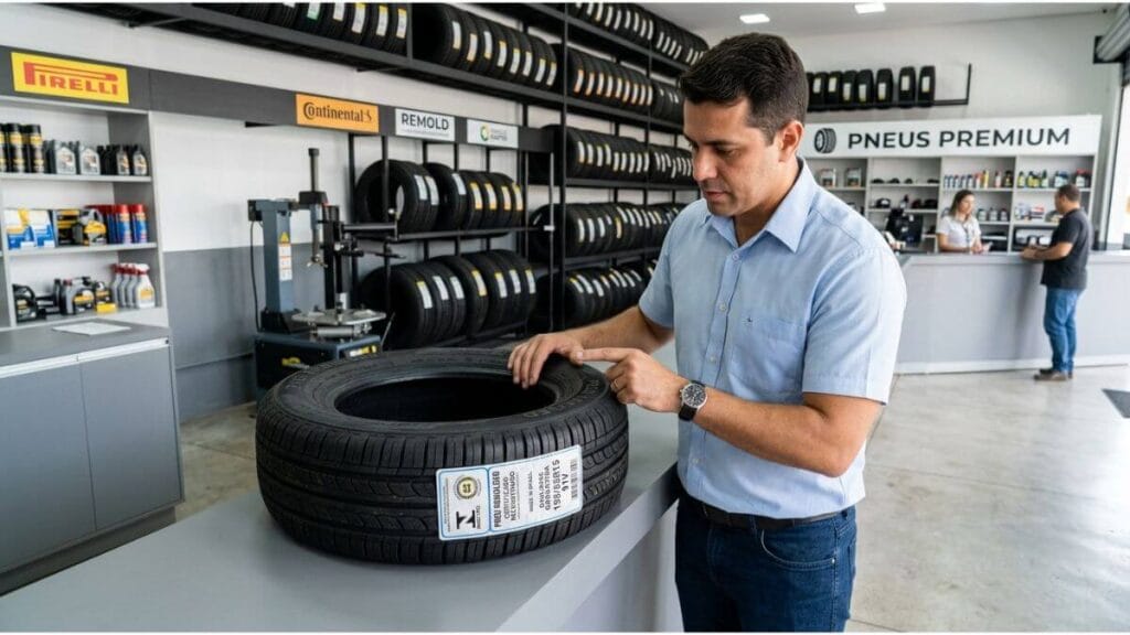 Um homem em pé em uma loja de pneus limpa, apontando para o flanco de um pneu remoldado apoiado sobre o balcão. Ele está inspecionando visualmente as marcações e a etiqueta do pneu, ilustrando como conferir o pneu remold antes da instalação.