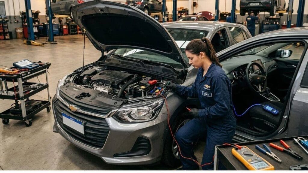 Mecânica realizando teste de fuga de corrente com multímetro na caixa de fusíveis do Chevrolet Onix em uma oficina.
