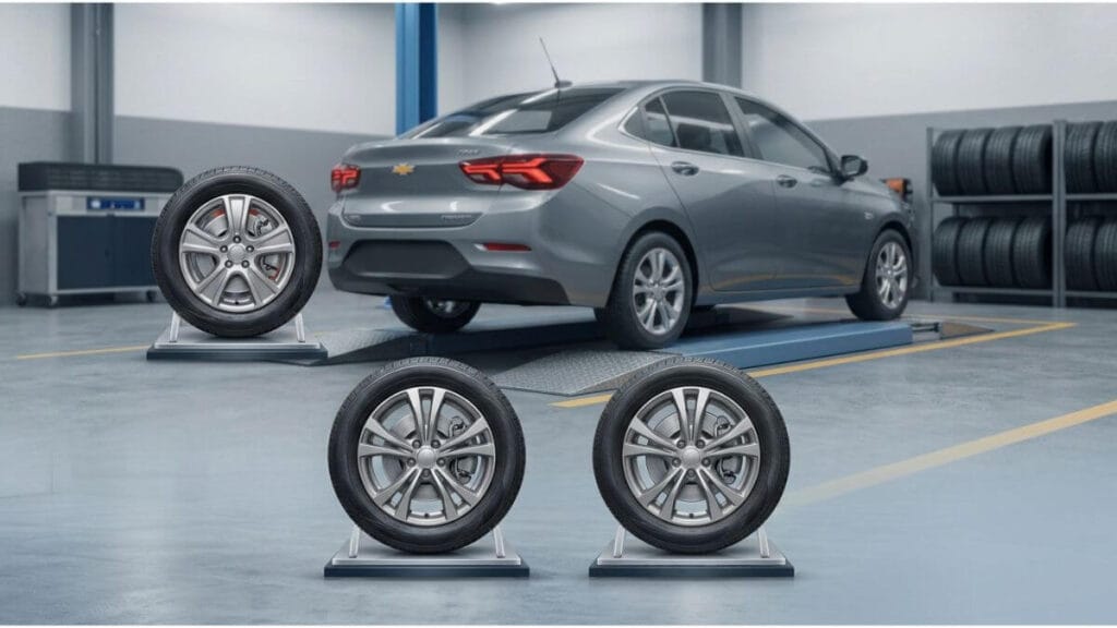 Jogos de rodas e pneus em primeiro plano com Chevrolet Onix estacionado ao fundo em uma oficina moderna.