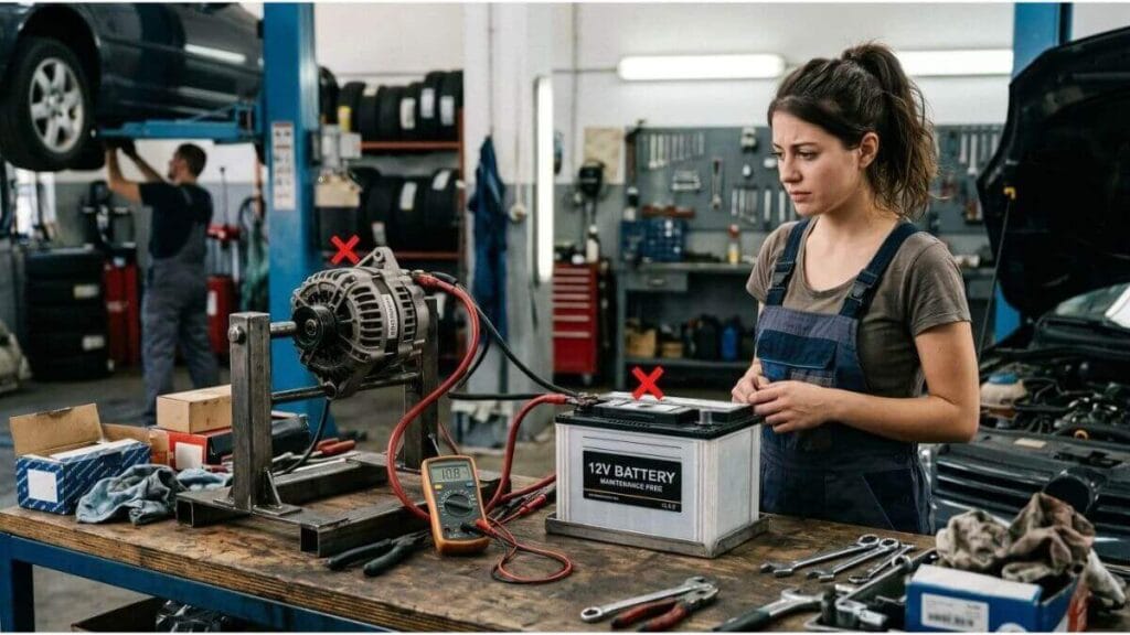 Esquema de sistema elétrico com alternador e bateria indicando falha de carga e mulher observando com preocupação em uma oficina.