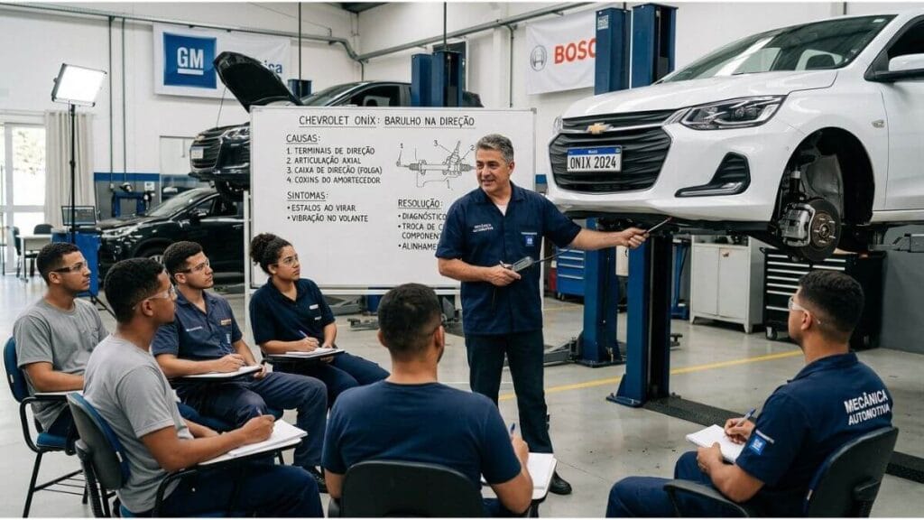 Professor de mecânica automotiva dando aula prática sobre causas e soluções para barulho na direção do Chevrolet Onix para alunos atentos.