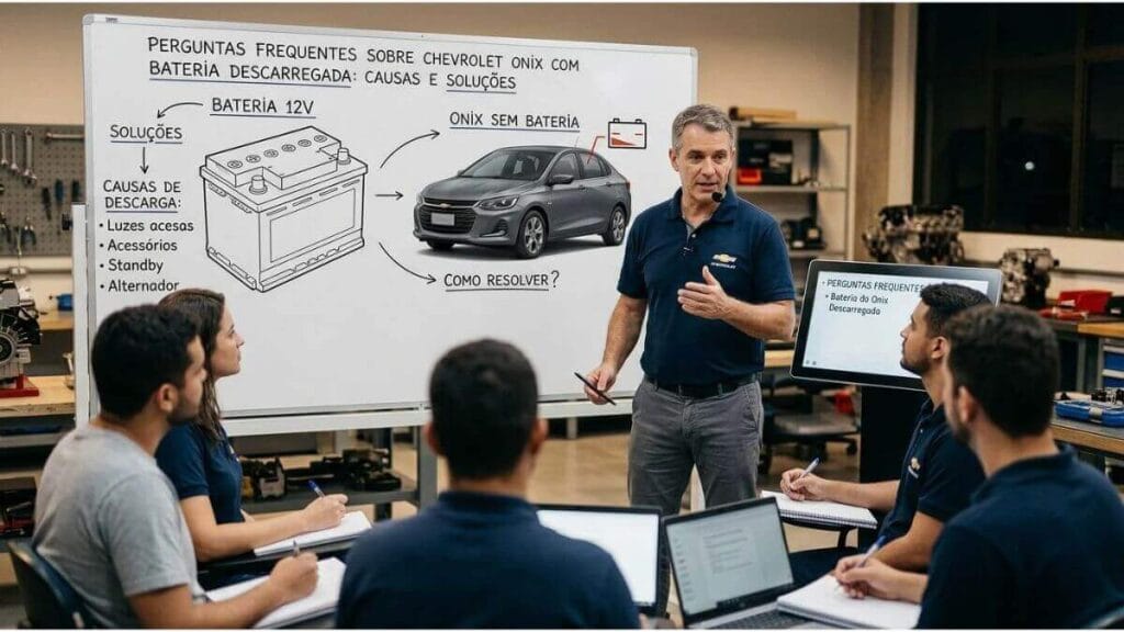 Professor instrutor em sala de aula técnica ministrando palestra sobre bateria descarregada no Chevrolet Onix com quadro branco explicativo.