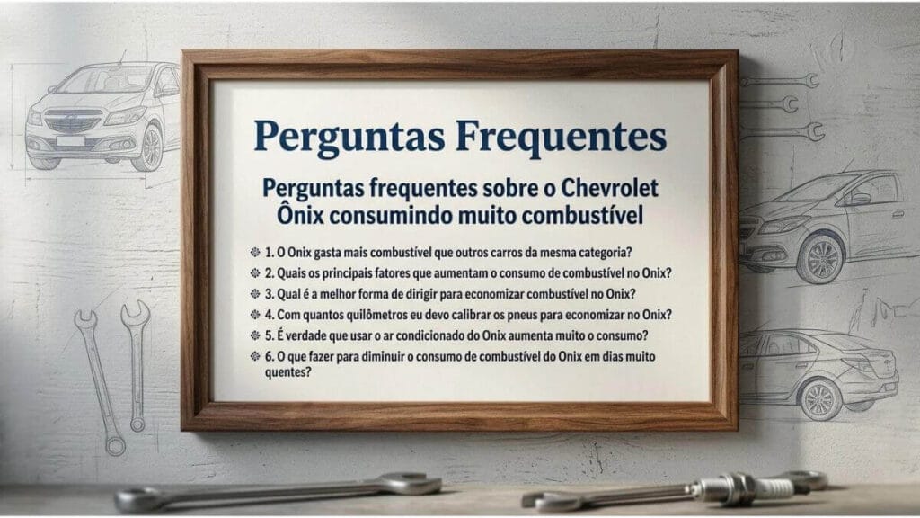 Quadro com moldura de madeira na parede de uma oficina contendo o título Perguntas Frequentes sobre o consumo de combustível do Chevrolet Onix e uma lista com seis perguntas numeradas.