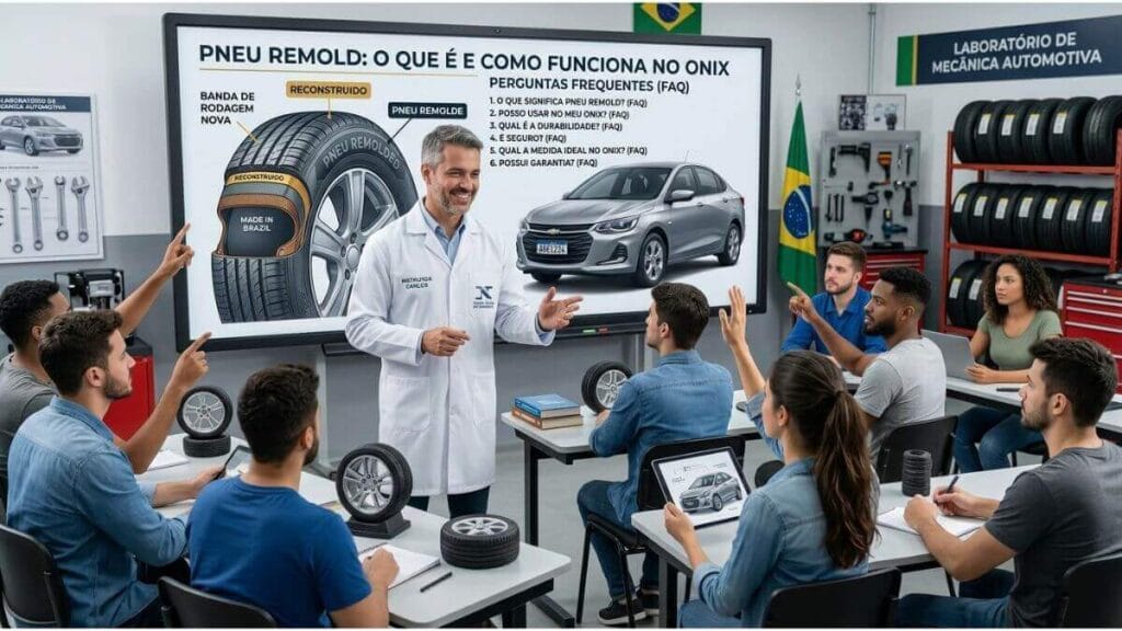 Um professor em um laboratório de mecânica automotiva explicando para alunos sobre pneus remold. O quadro interativo exibe um diagrama de um pneu remold, um Chevrolet Ônix prata e uma lista de perguntas frequentes (FAQ) em português sobre o uso desses pneus no veículo. Vários alunos ao redor levantam a mão ou seguram tablets com diagramas de carros.