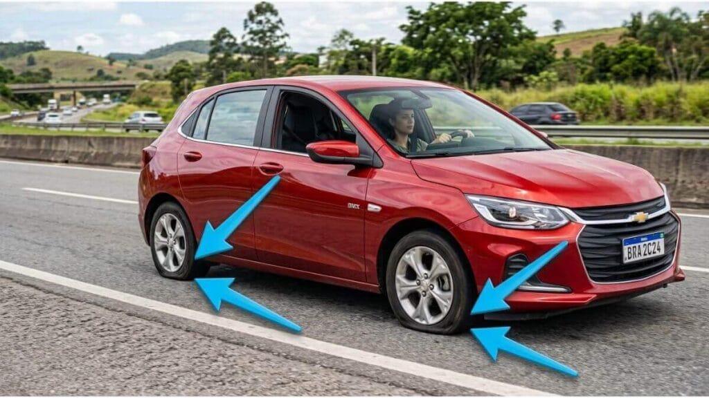 Foto lateral de um Chevrolet Onix vermelho rodando em uma rodovia com os dois pneus do lado direito visivelmente vazios e amassados contra o asfalto. A motorista está concentrada no volante.