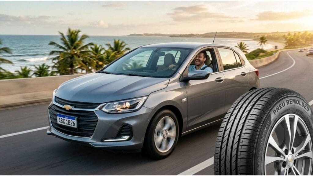Chevrolet Onix em movimento na rodovia com destaque para pneu remold instalado e motorista sorrindo.