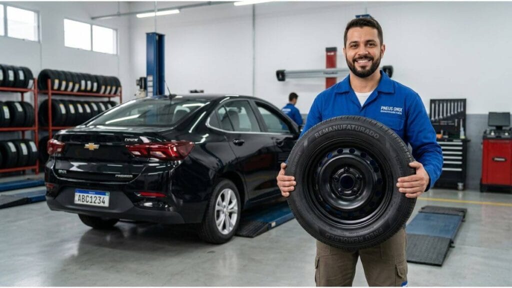 Um especialista em pneus sorri em uma oficina, segurando um pneu remold com a marcação visível, com um Chevrolet Onix preto ao fundo.