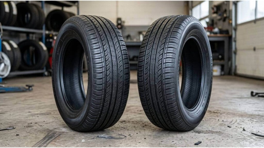 Dois pneus remoldados novos em primeiro plano com banda de rodagem detalhada, ilustrando a popularidade e custo-benefício de pneus reconstruídos em uma oficina.