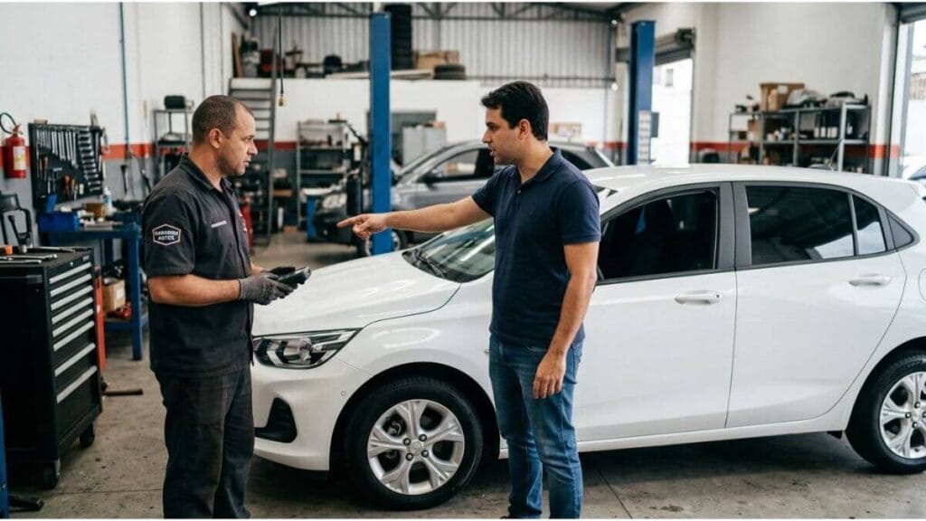 Cliente em conversa com mecânico na oficina apontando para um Chevrolet Onix branco sobre a continuidade de uso do carro após descarga na bateria.